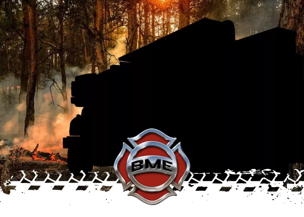 Image of an outline of Fire Engine with a smokey forest in the background
