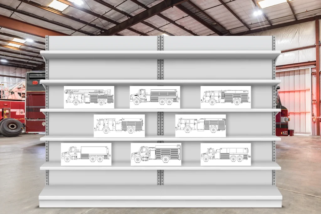 Fire truck blueprints on a shelf