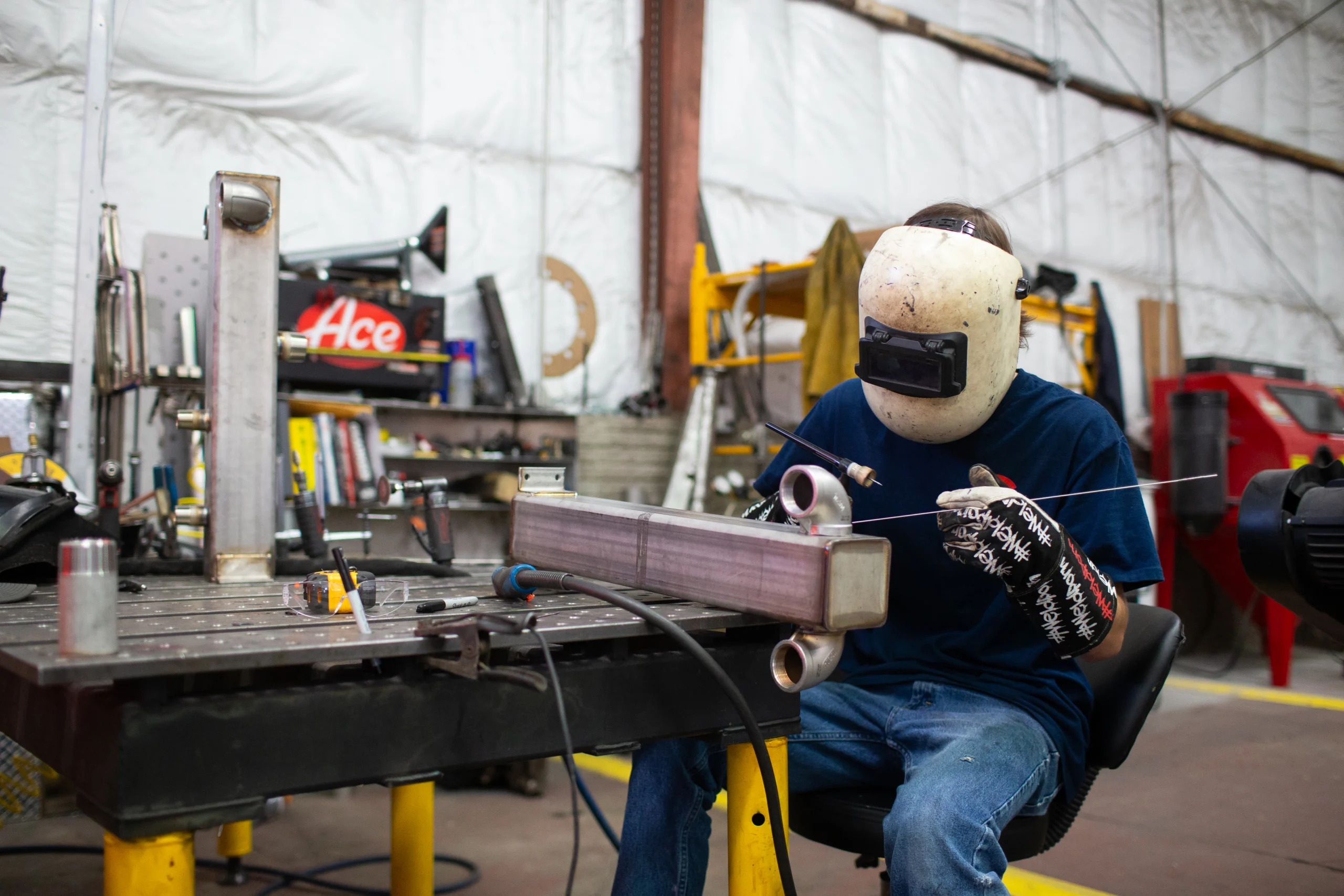 an employee welding